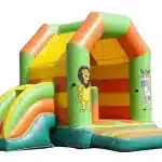 Animal-themed inflatable bouncy castle with slide, featuring vibrant lion and zebra designs. Perfect for kids' parties. Buy online in Canada today!