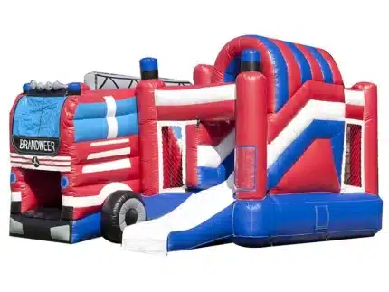 Fire truck-themed inflatable bouncy castle with slide and climbing area. Perfect for kids' parties and events. Buy online in Canada today!