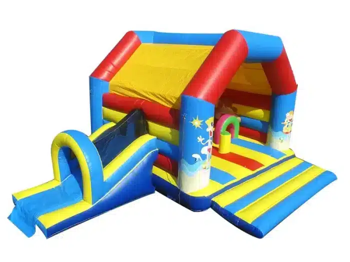 Colorful inflatable bouncy castle with slide and open play area, perfect for kids' parties. Durable and fun. Buy online in Canada today!