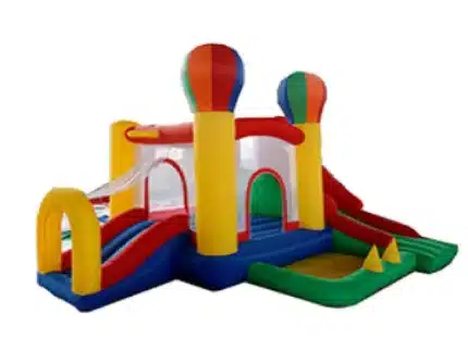 Hot air balloon-themed bouncy castle with slides, vibrant colors, and play area. Perfect for kids' parties. Buy online in Canada today!
