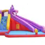 Colorful inflatable unicorn water slide with climbing wall and splash pool. Perfect for kids' summer fun. Buy online in Canada now!