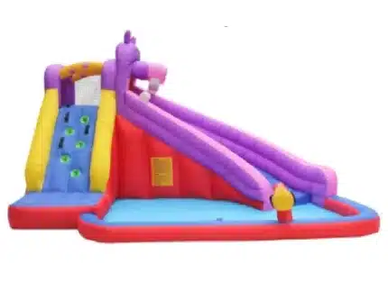 Colorful inflatable unicorn water slide with climbing wall and splash pool. Perfect for kids' summer fun. Buy online in Canada now!
