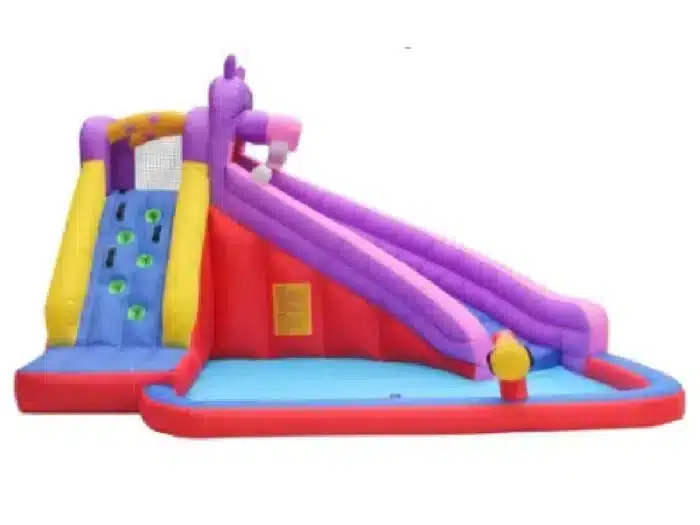 Colorful inflatable unicorn water slide with climbing wall and splash pool. Perfect for kids' summer fun. Buy online in Canada now!