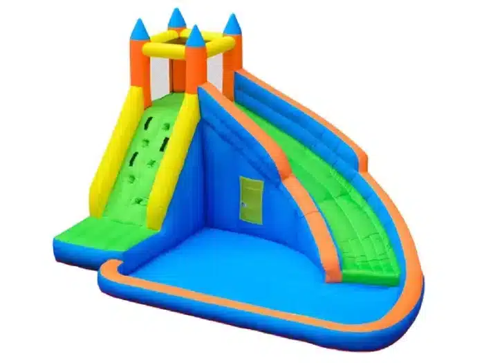 Colorful inflatable water slide with climbing wall and splash pool. Perfect for summer fun. Buy high-quality bouncy castles online in Canada today!